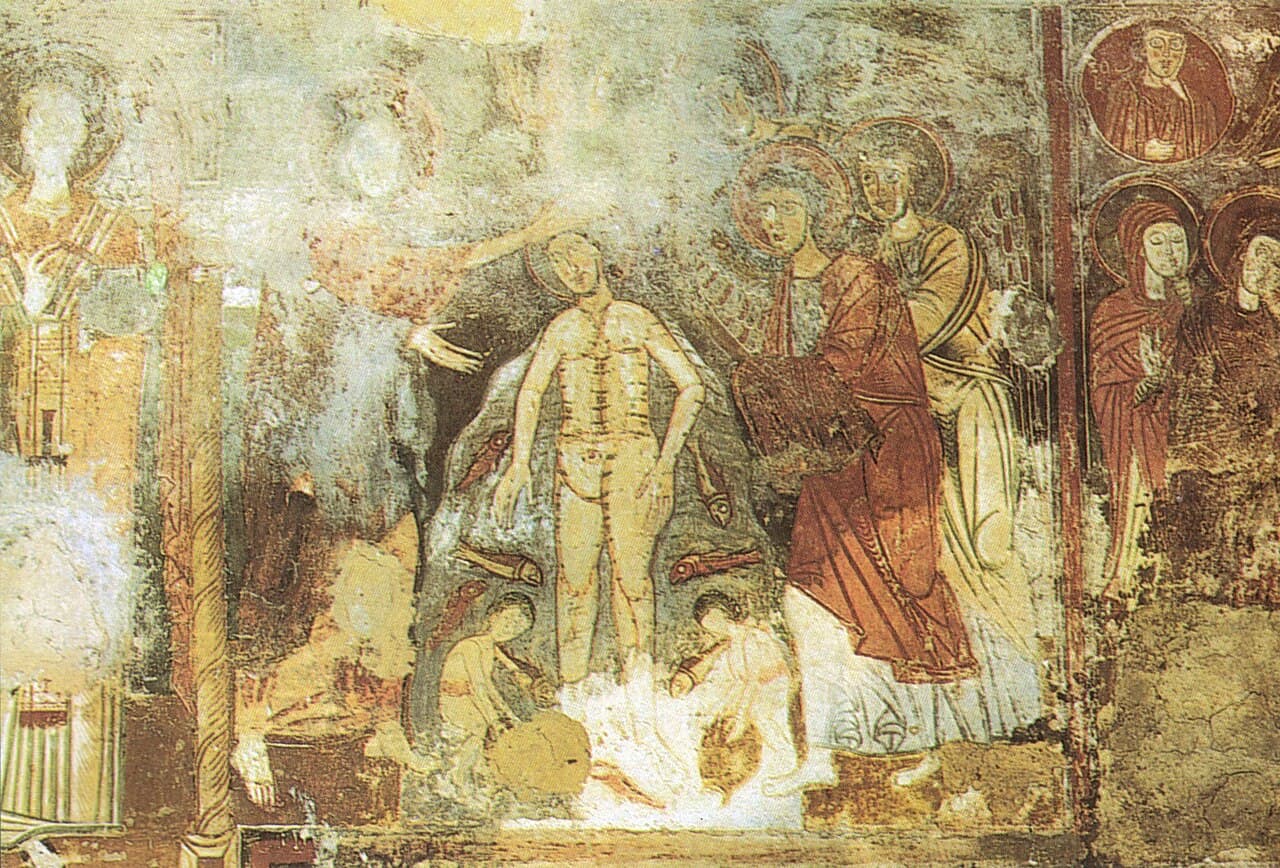 Affresco del IX secolo con il battesimo di Cristo nella grotta di San Michele
